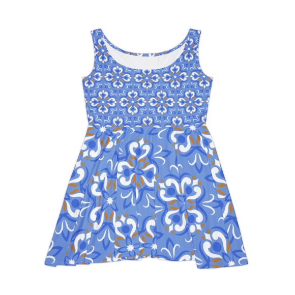 Yellow & Blue Floral Skater Dress – V-Neck Mid-Length Casual Look - Image 2