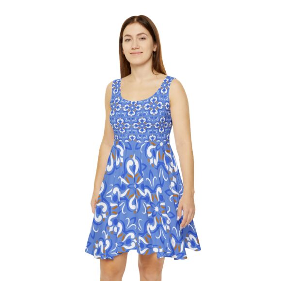 Yellow & Blue Floral Skater Dress – V-Neck Mid-Length Casual Look